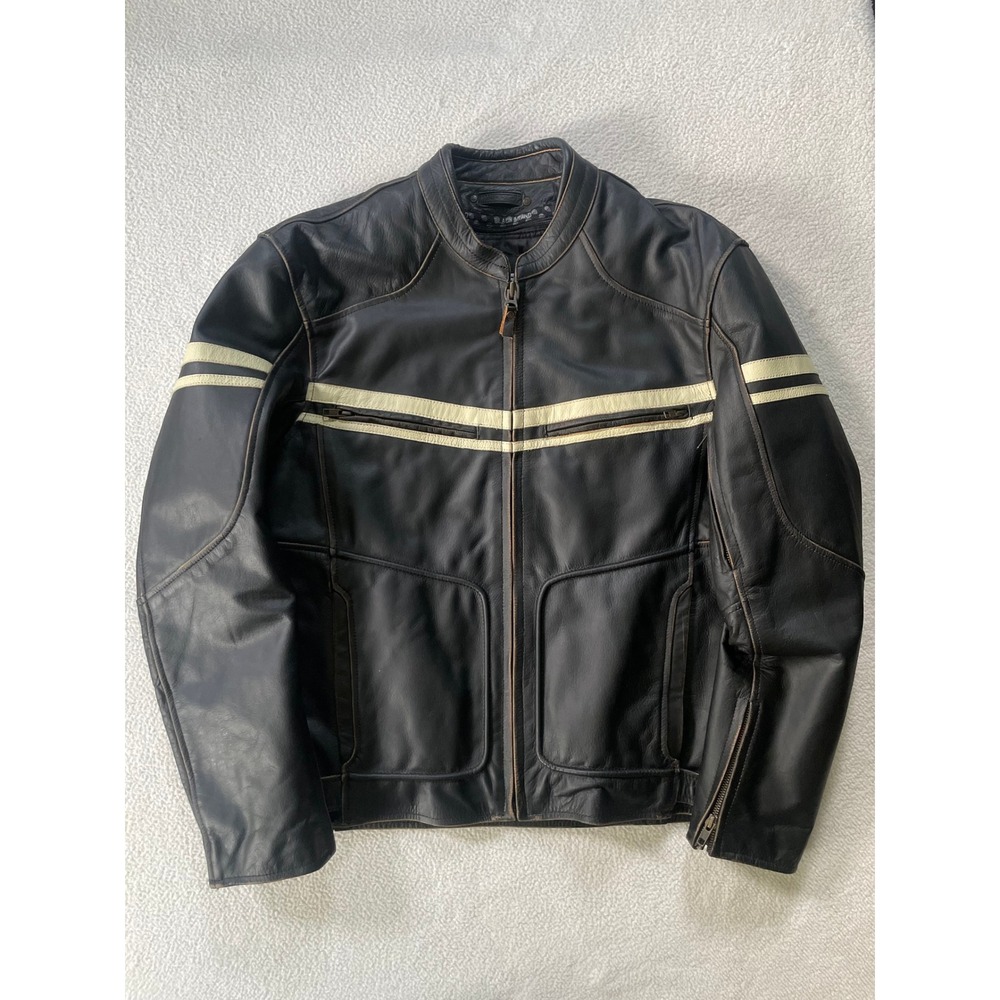 Black Brand Mens Medium Leather Motorcycle Jacket Black Cream Racing Stripes